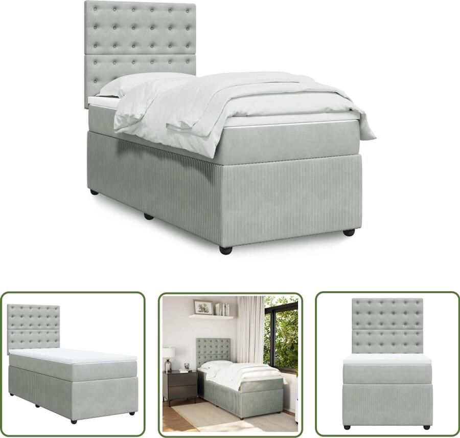 VidaXL Boxspring met matras fluweel lichtgrijs 90x200 cm Boxspring Slaapcomfort Matras Fluweel Bed Frame