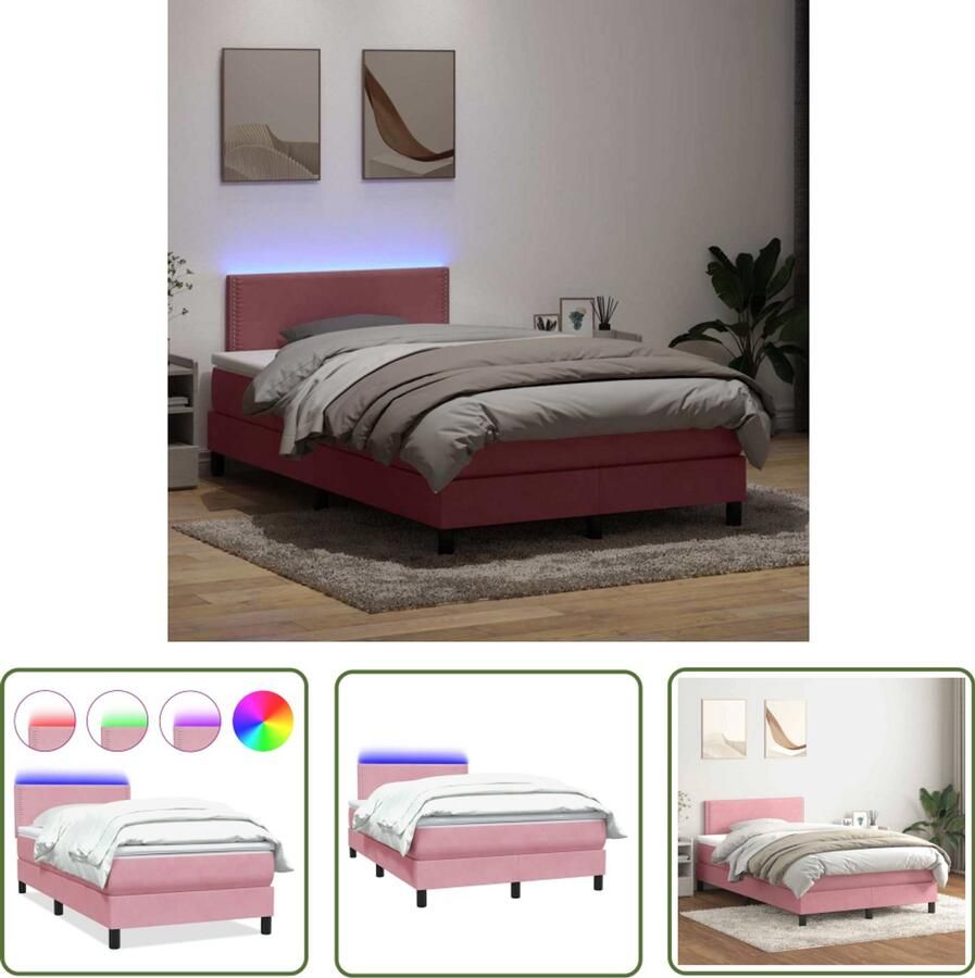 VidaXL Boxspring met matras fluweel roze 120x220 cm Boxspring Slaapcomfort Fluweel Pocketvering Led Verlichting