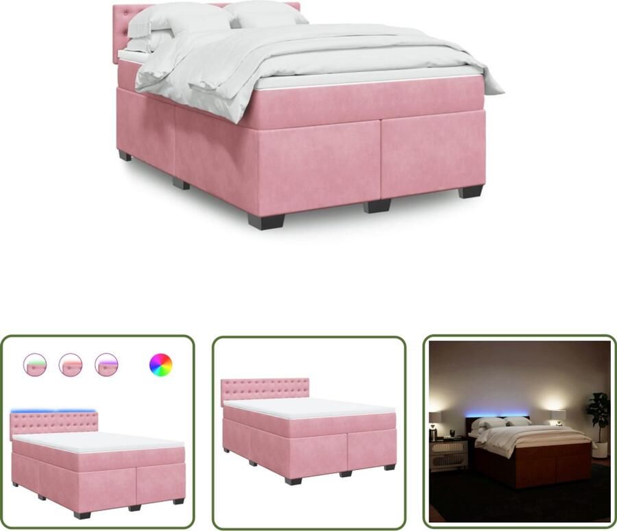 VidaXL Boxspring met matras fluweel roze 140x190 cm Boxspring Slaapcomfort Fluweel Roze Led Verlichting