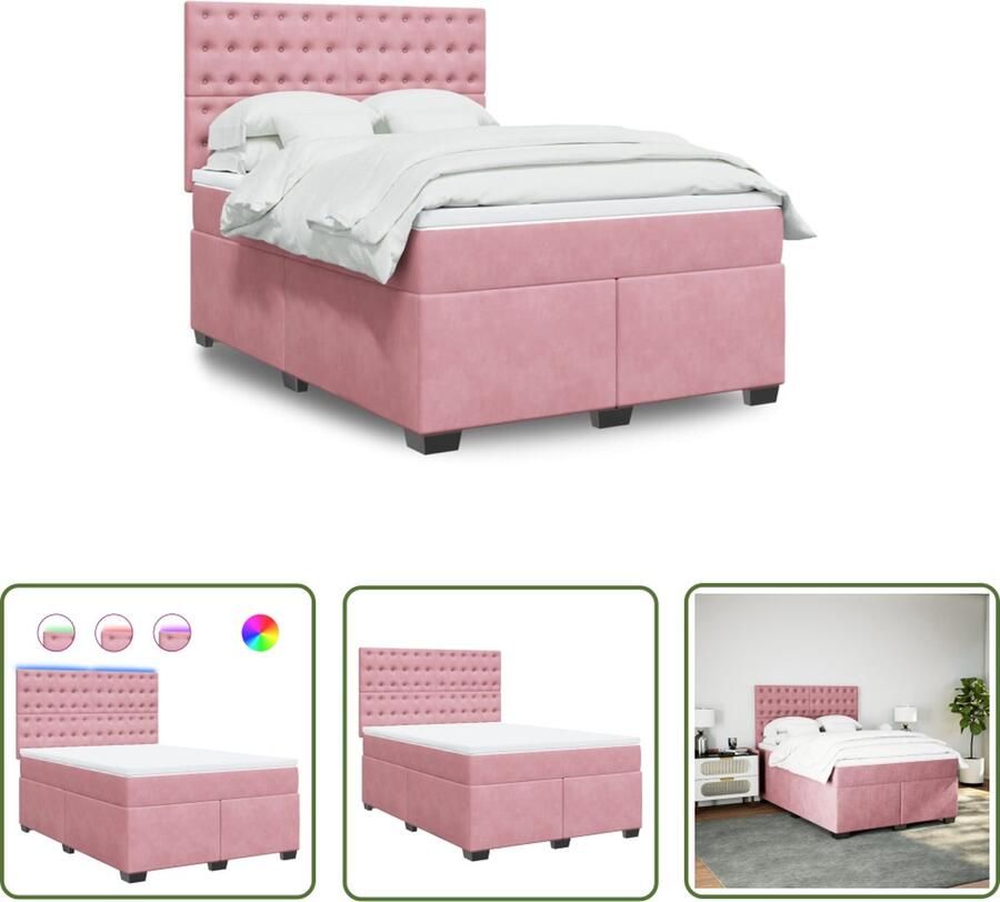 The Living Store Boxspring met matras fluweel roze 140x190 cm Boxspring Slaapcomfort Led Verlichting Velvet Bed Pink Bed