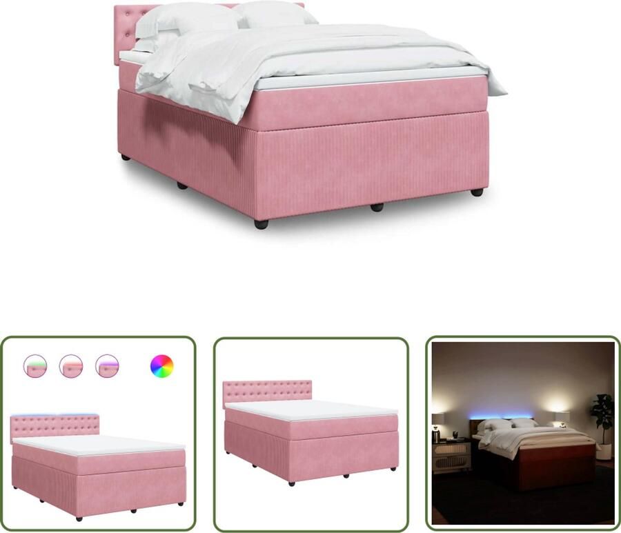 VidaXL Boxspring met matras fluweel roze 140x200 cm Boxspring Slaapcomfort Fluweel Bed Rooskleurig Bed Led Verlichting Bed
