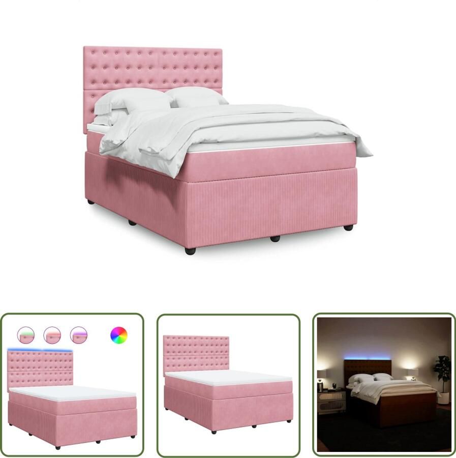 VidaXL Boxspring met matras fluweel roze 140x200 cm Boxspring Slaapcomfort Fluweel Roze Matras