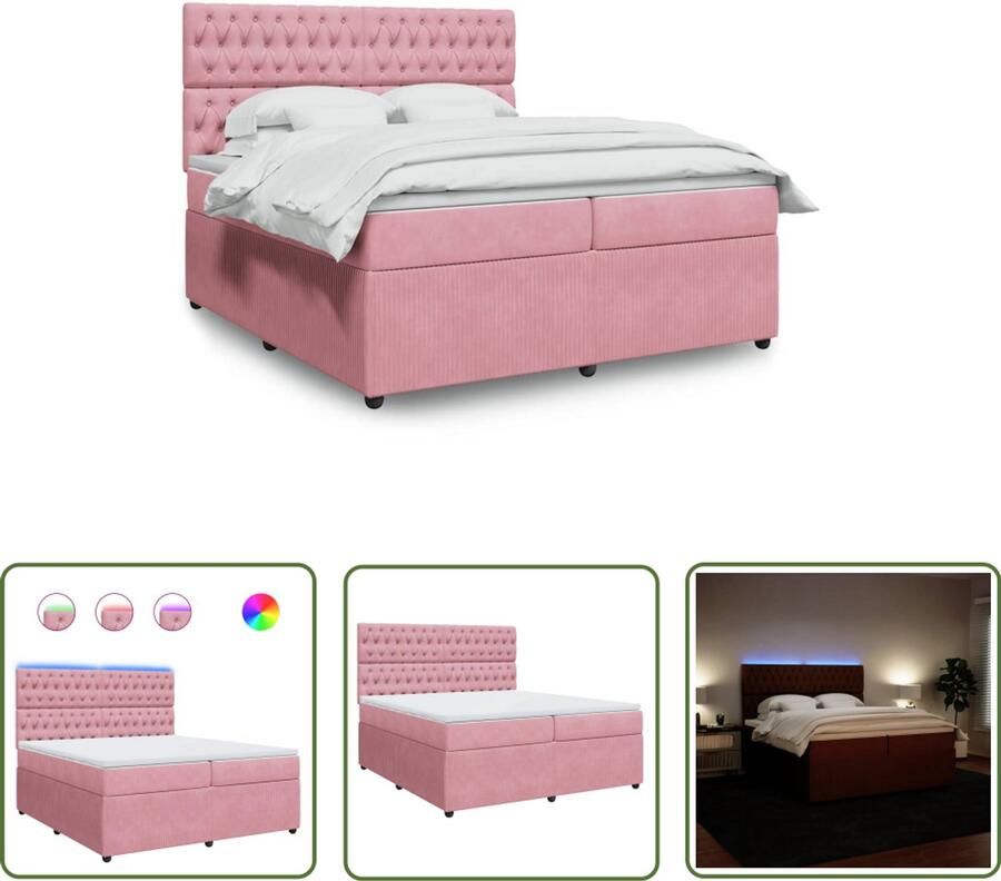 VidaXL Boxspring met matras fluweel roze 200x200 cm Boxspring Slaapcomfort Fluweel Bed Led Verlichting Pocketveringmatras