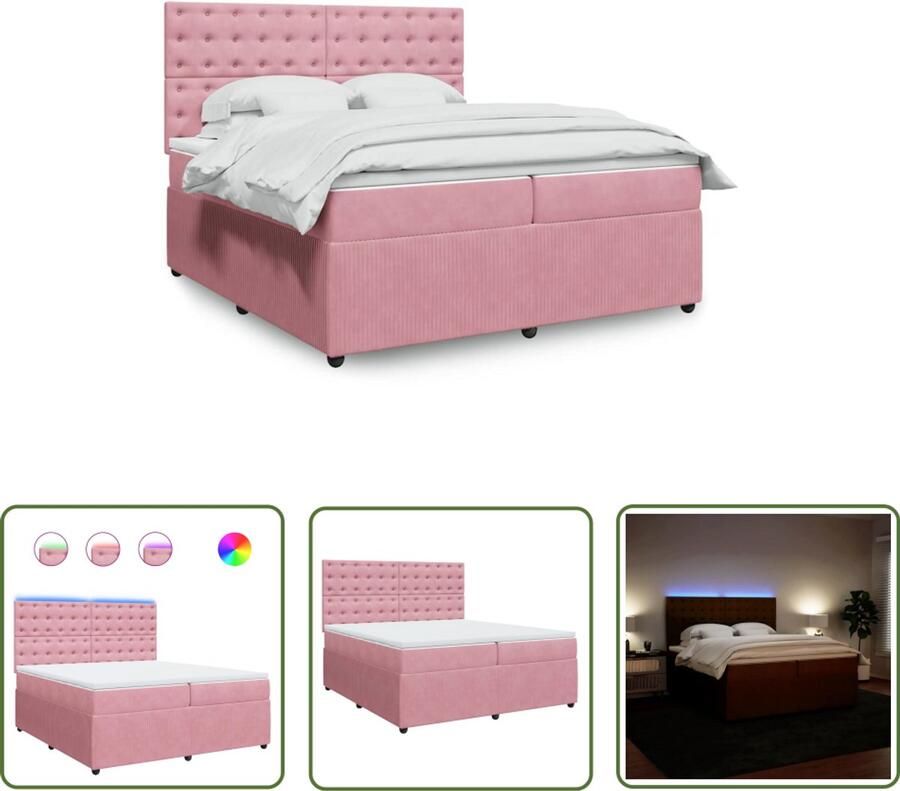 VidaXL Boxspring met matras fluweel roze 200x200 cm Boxspring Slaapcomfort Fluweel Bed Led Verlichting Rooskleurig Bed