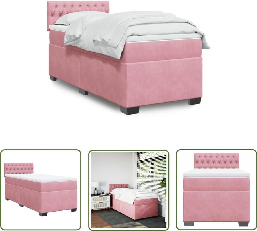 VidaXL Boxspring met matras fluweel roze 90x200 cm Boxspring Slaapcomfort Fluweel Pocketvering Roze