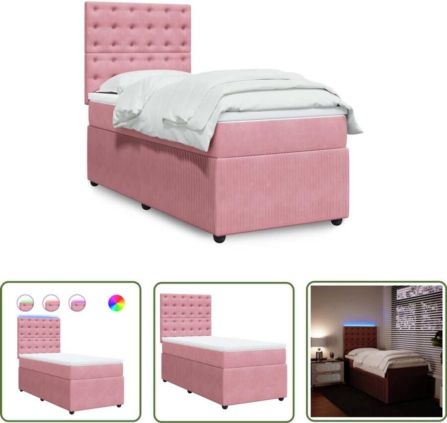 VidaXL Boxspring met matras fluweel roze 90x200 cm Boxspring Slaapcomfort Pocketveringmatras Led Verlichting Hoofdbord
