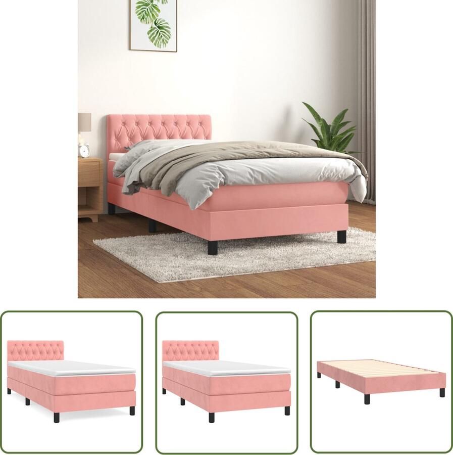 The Living Store Bedframe Pocketvering Matras Bedtopmatras 203 x 90 cm Middelharde Ondersteuning Zacht Fluweel Praktisch Hoofdbord Huidvriendelijk Roze