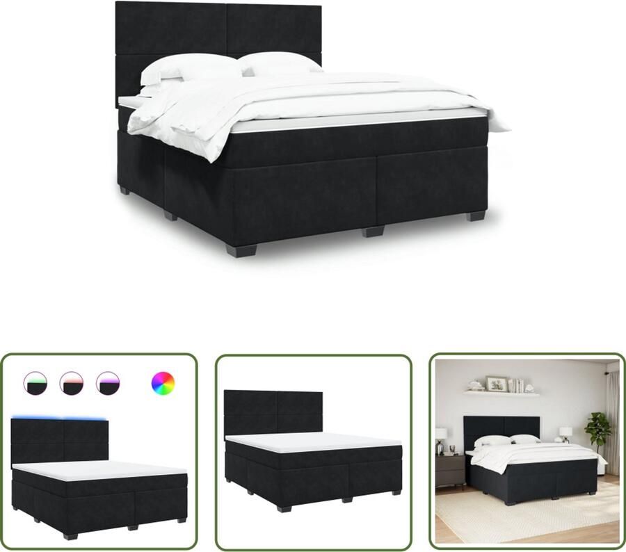 VidaXL Boxspring met matras fluweel zwart 180x200 cm Boxspring Slaapcomfort Pocketveringmatras Led Verlichting Hoofdbord
