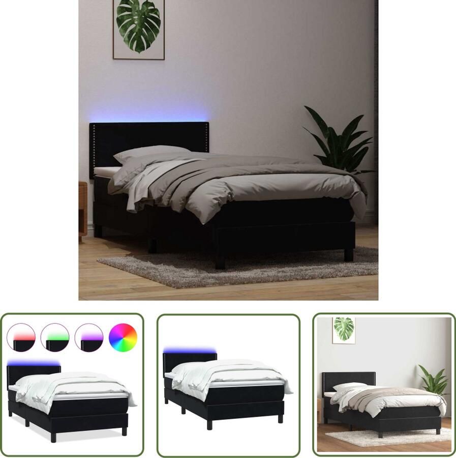 VidaXL Boxspring met matras fluweel zwart 80x220 cm Boxspring Slaapcomfort Fluweel Pocketvering Led Verlichting