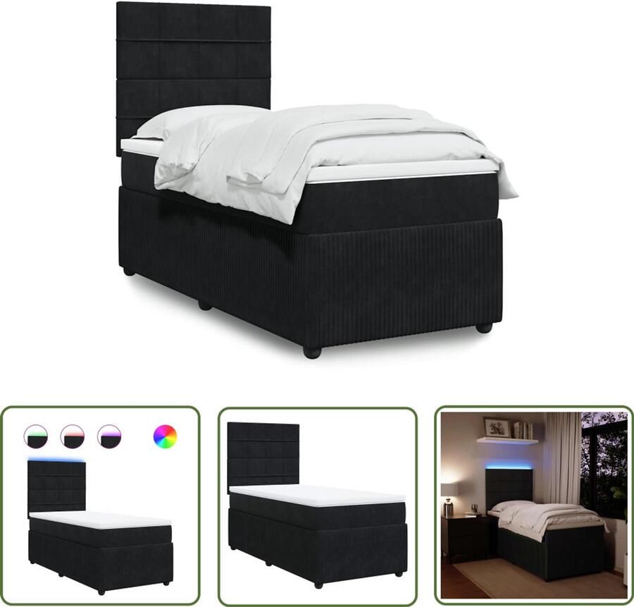 VidaXL Boxspring met matras fluweel zwart 90x200 cm Boxspring Slaapcomfort Fluweel Bed Matras Led Verlichting