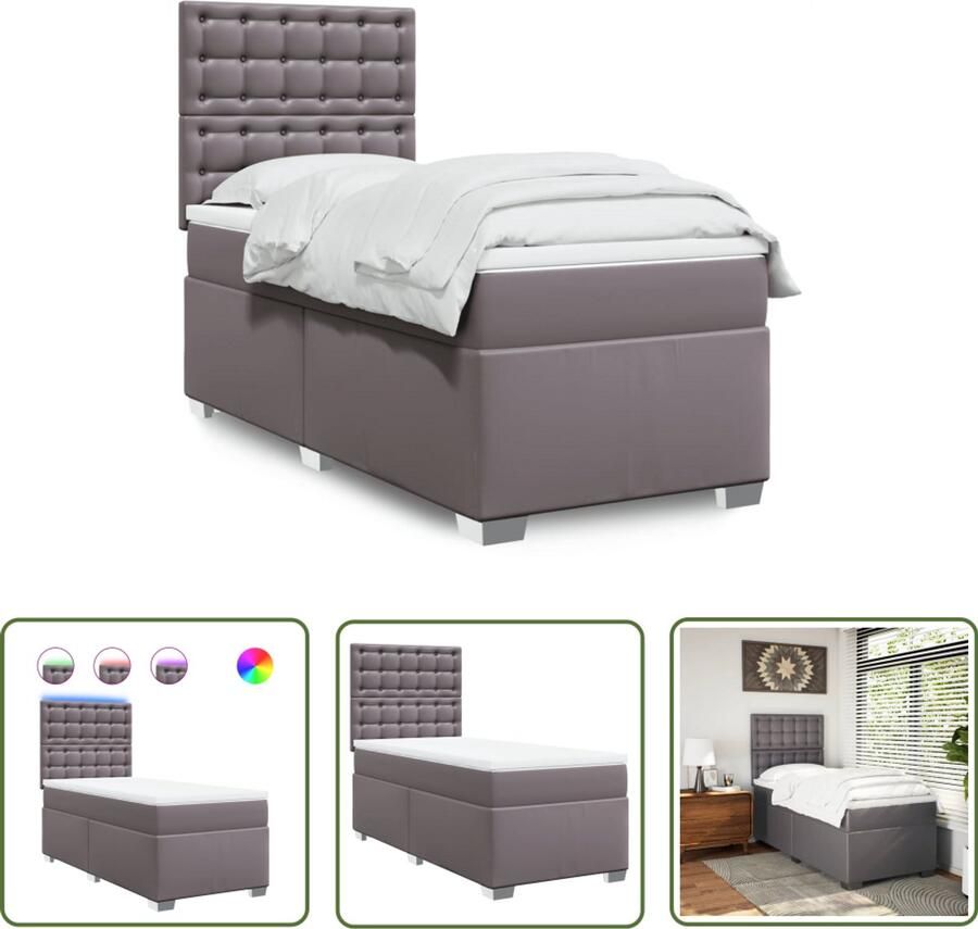 VidaXL Boxspring met matras kunstleer grijs 100x200 cm Boxspring Slaapcomfort Kunstleder Pocketvering Led Verlichting