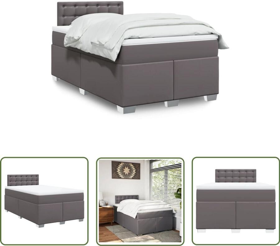 VidaXL Boxspring met matras kunstleer grijs 120x190 cm Boxspring Slaapcomfort Kunstleder Pocketvering Matras Topper