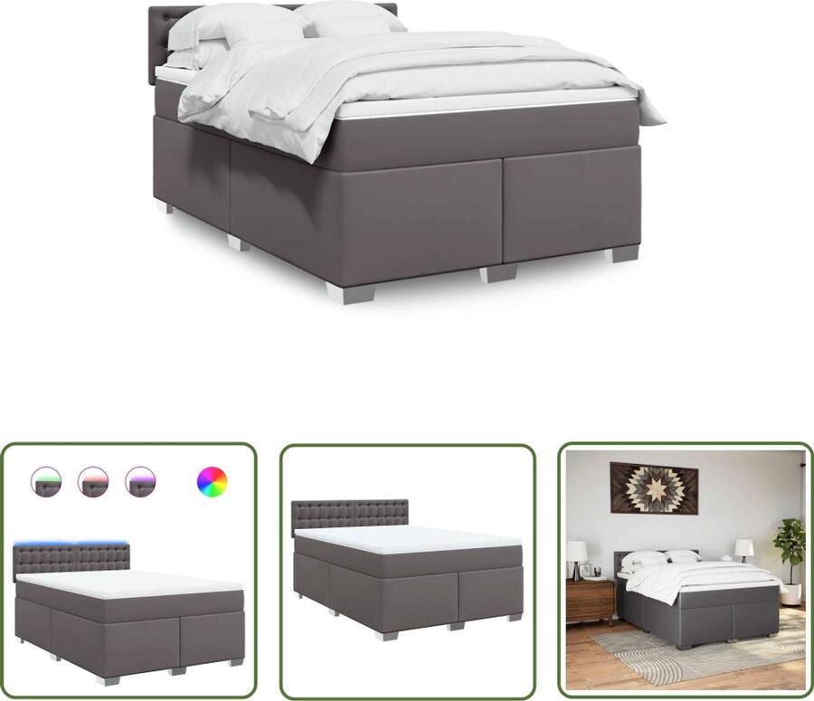 VidaXL Boxspring met matras kunstleer grijs 140x190 cm Boxspring Slaapcomfort Lederlook Led Verlichting Matras