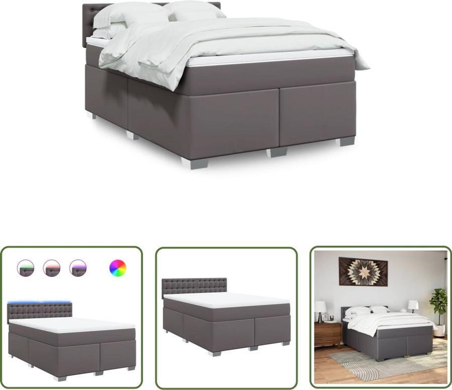 VidaXL Boxspring met matras kunstleer grijs 140x200 cm Boxspring Slaapcomfort Boxspringbed Matras Led Verlichting