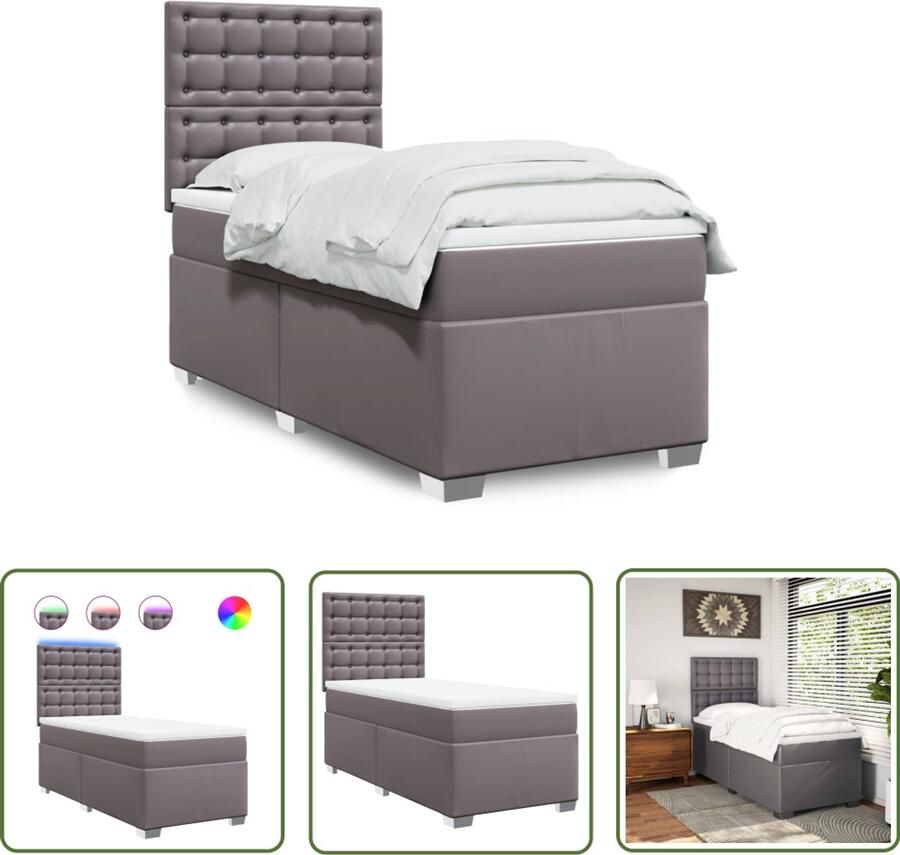 VidaXL Boxspring met matras kunstleer grijs 90x190 cm Boxspring Slaapcomfort Kunstleder Pocketvering Led Verlichting - Foto 2