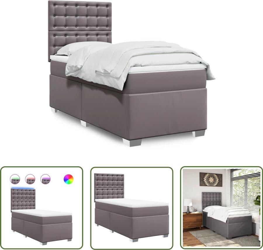 VidaXL Boxspring met matras kunstleer grijs 90x200 cm Boxspring Slaapcomfort Matras Led Verlichting Kunstleder