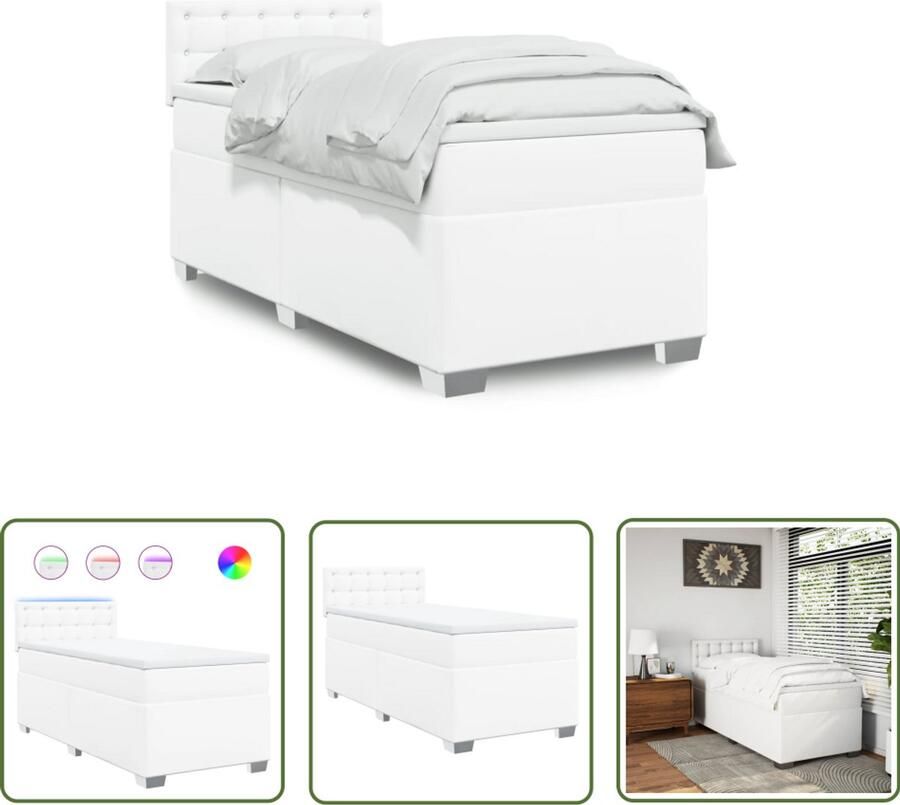 VidaXL Boxspring met matras kunstleer wit 80x200 cm Boxspring Slaapcomfort Lederlook Led Verlichting Pocketvering