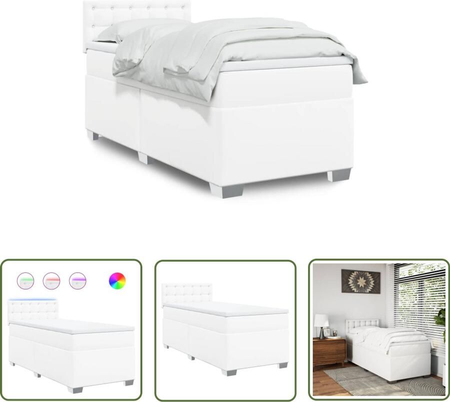 VidaXL Boxspring met matras kunstleer wit 90x200 cm Boxspring Slaapcomfort Kunstleder Pocketvering Led Verlichting