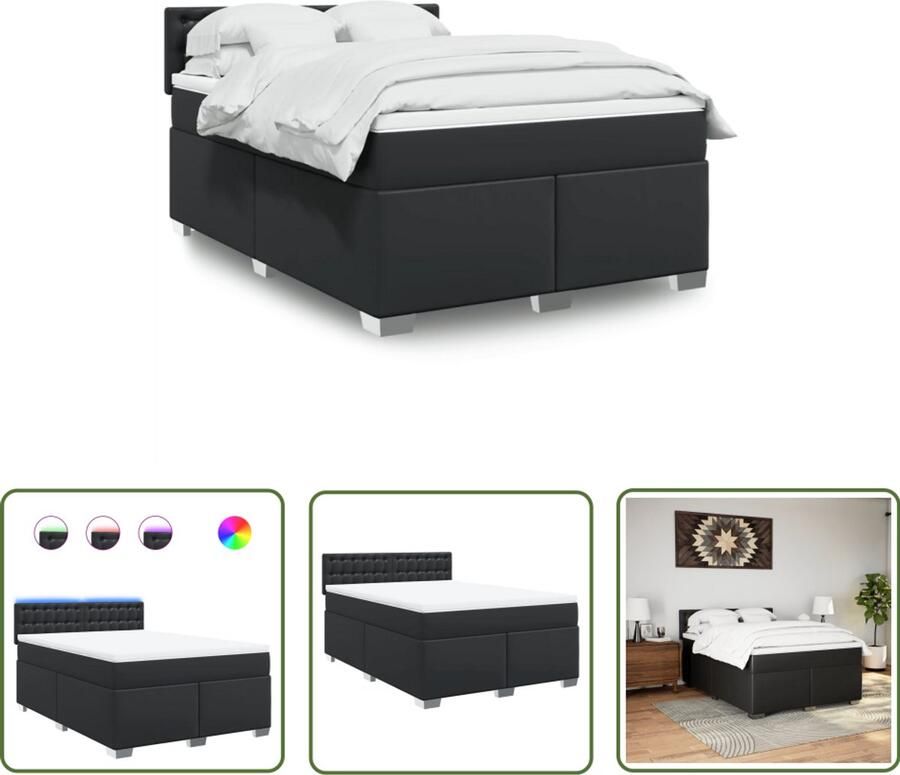 VidaXL Boxspring met matras kunstleer zwart 140x200 cm Boxspring Slaapcomfort Led Verlichting Matras Kunstleer