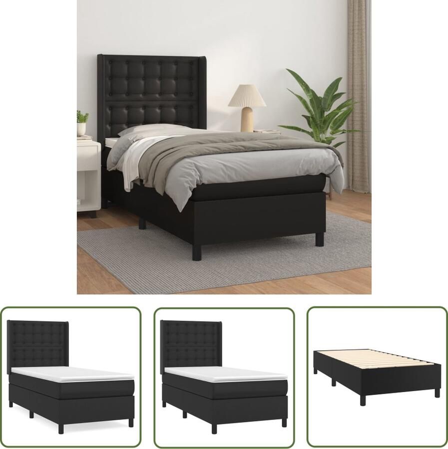 The Living Store Boxspringbed Kunstleer Pocketvering Middelharde ondersteuning 193 x 93 x 118 128 cm Zwart Boxspring Slaapcomfort Boxspringbed Lederlook Kunstleder