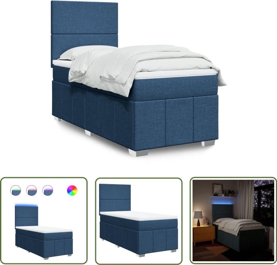 VidaXL Boxspring met matras stof blauw 100x200 cm Boxspring Slaapcomfort Matras Led Verlichting Hoofdbord