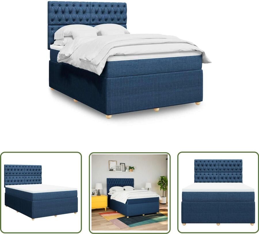 VidaXL Boxspring met matras stof blauw 140x190 cm Boxspring Slaapcomfort Matras Pocketvering Hoofdbord