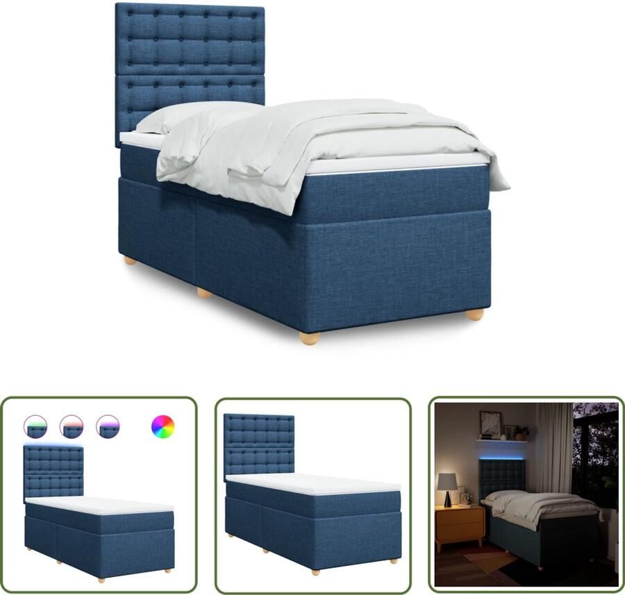 VidaXL Boxspring met matras stof blauw 90x190 cm Boxspring Slaapcomfort Led Verlichting Hoofdbord Matras