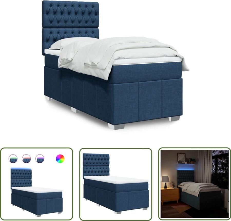 VidaXL Boxspring met matras stof blauw 90x190 cm Boxspring Slaapcomfort Pocketveringmatras Led Verlichting Hoofdbord