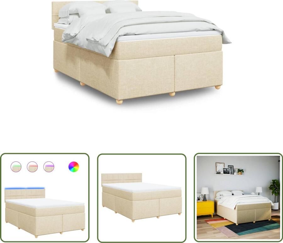 VidaXL Boxspring met matras stof crèmekleurig 140x200 cm Boxspring Slaapcomfort Led Verlichting Creme Kleurig Matras