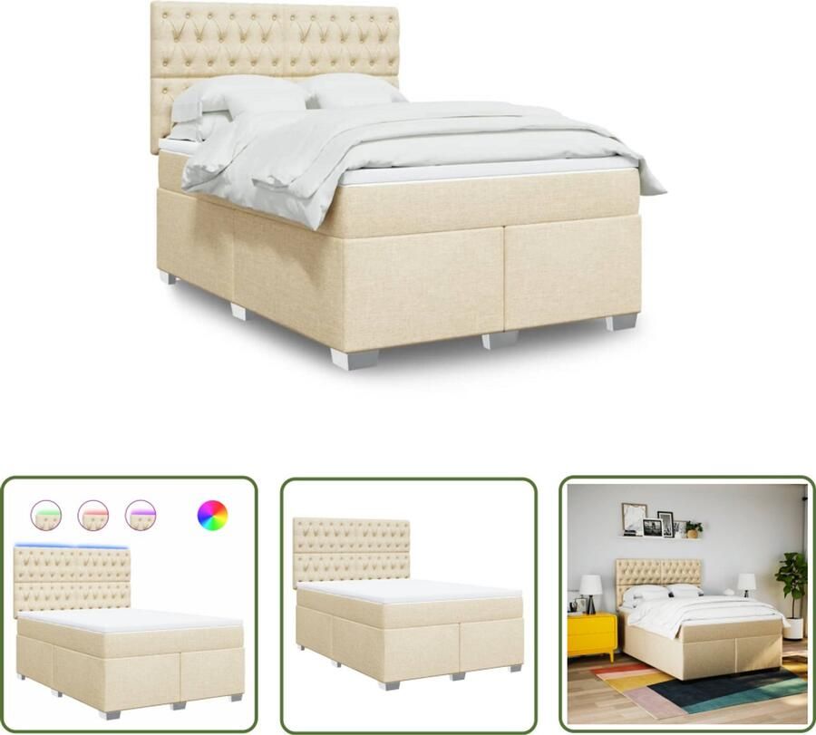 VidaXL Boxspring met matras stof crèmekleurig 140x200 cm Boxspring Slaapcomfort Pocketvering Led Verlichting Creme Kleur