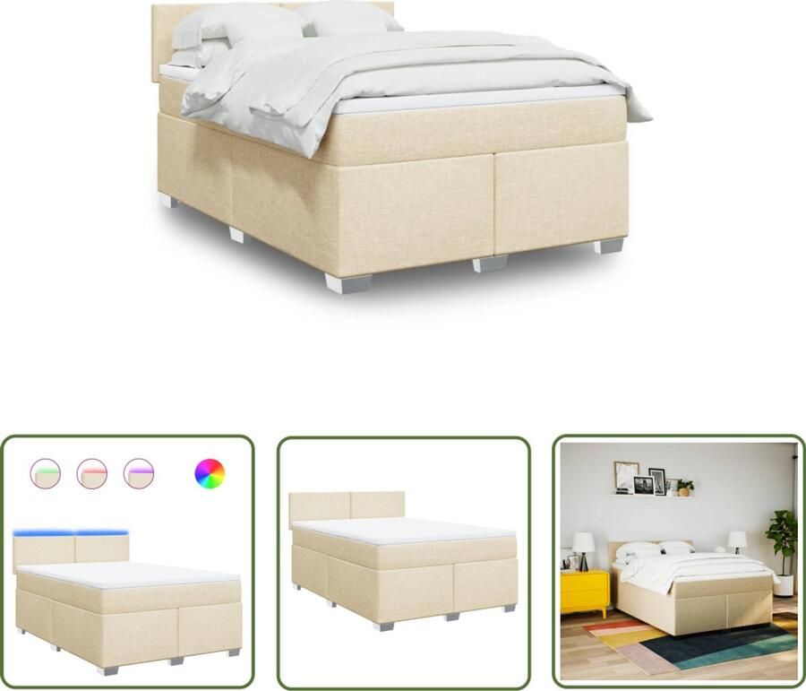 VidaXL Boxspring met matras stof crèmekleurig 160x200 cm Boxspring Slaapcomfort Led Verlichting Matras Creme Kleurig