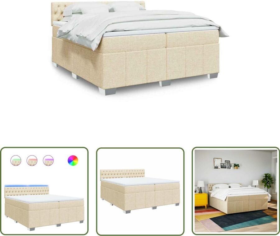 VidaXL Boxspring met matras stof crèmekleurig 200x200 cm Boxspring Slaapcomfort Led Verlichting Creme Kleurig Matras