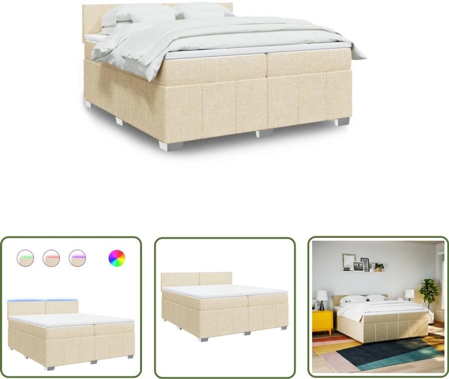 VidaXL Boxspring met matras stof crèmekleurig 200x200 cm Boxspring Slaapcomfort Pocketvering Led Verlichting Creme Kleurig