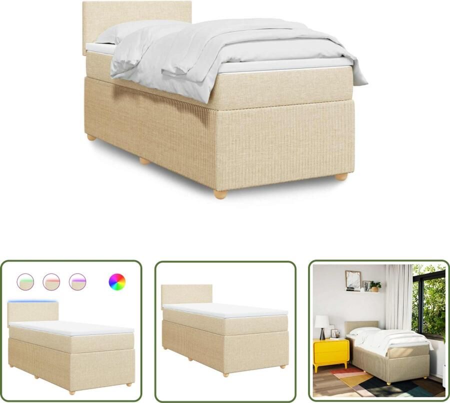 VidaXL Boxspring met matras stof crèmekleurig 90x190 cm Boxspring Slaapcomfort Pocketveringmatras Led Verlichting Creme Kleur