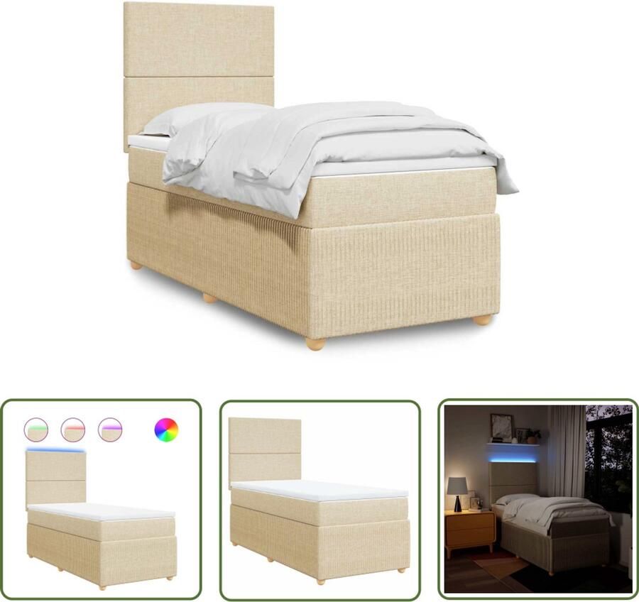 VidaXL Boxspring met matras stof crèmekleurig 90x200 cm Boxspring Slaapcomfort Led Verlichting Creme Kleur Matras