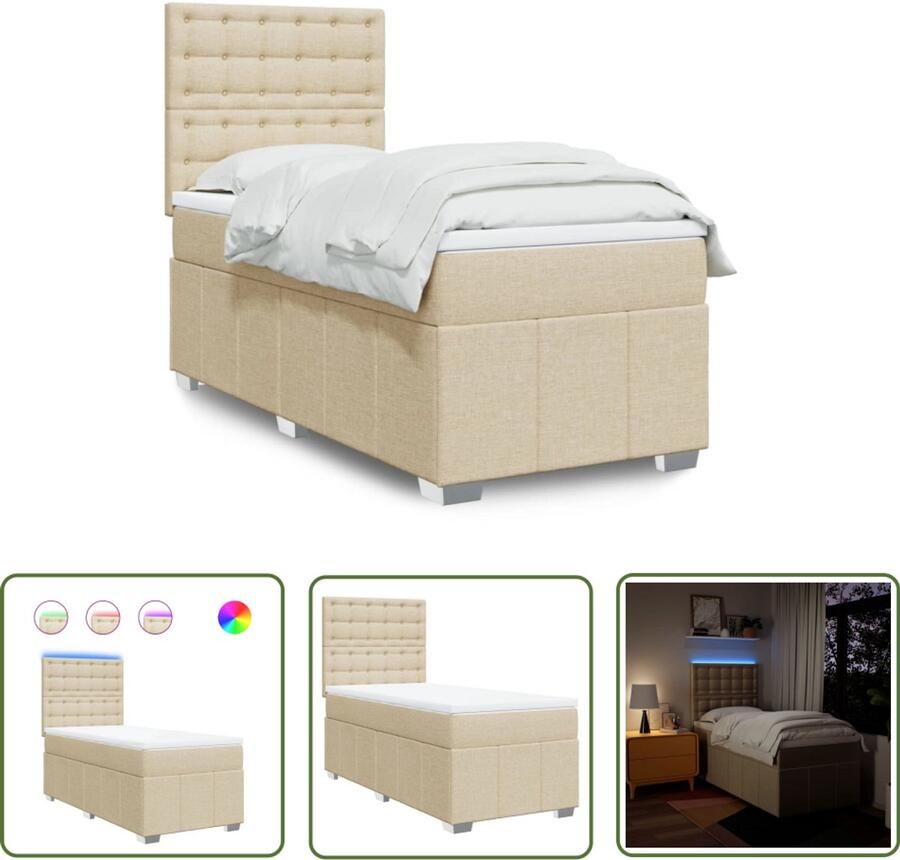 VidaXL Boxspring met matras stof crèmekleurig 90x200 cm Boxspring Slaapcomfort Matras Led Verlichting Creme Kleur
