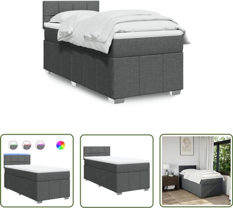 VidaXL Boxspring met matras stof donkergrijs 100x200 cm Boxspring Slaapcomfort Matras Led Verlichting Bedroom Decoratie