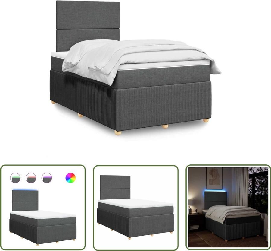 VidaXL Boxspring met matras stof donkergrijs 120x200 cm Boxspring Slaapcomfort Matras Led Verlichting Hoofdbord