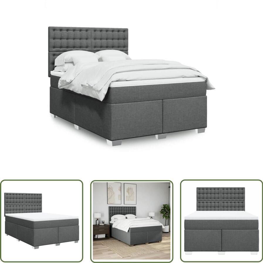 VidaXL Boxspring met matras stof donkergrijs 140x190 cm Boxspring Slaapcomfort Matras Bed Frame Hoofdbord