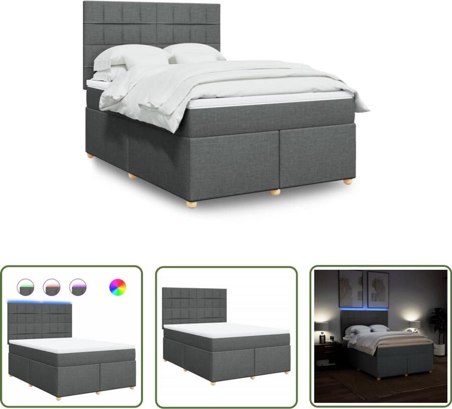 VidaXL Boxspring met matras stof donkergrijs 140x190 cm Boxspring Slaapcomfort Matras Led Verlichting Hoofdbord