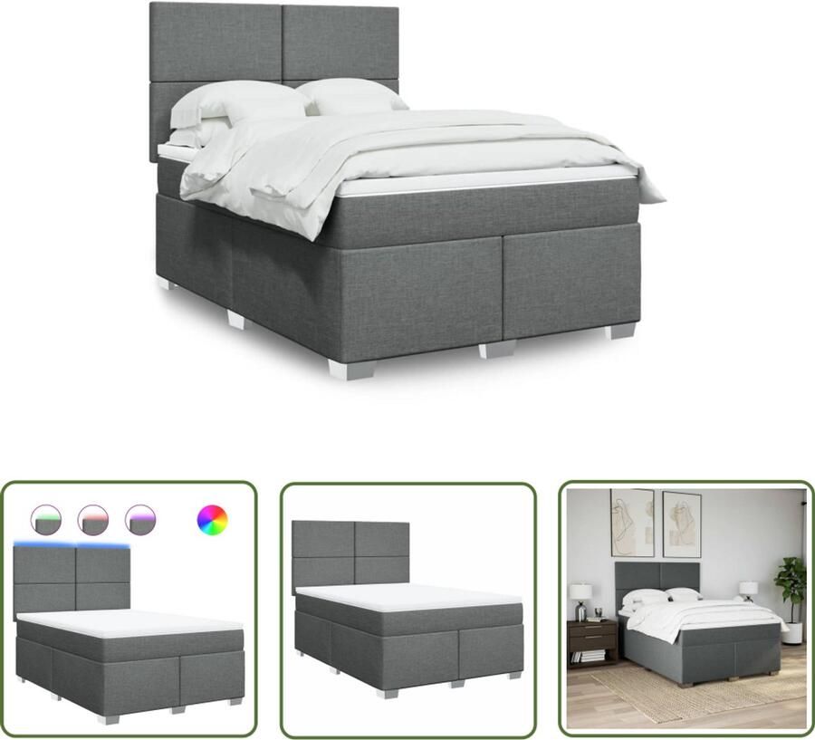 VidaXL Boxspring met matras stof donkergrijs 140x200 cm Boxspring Slaapcomfort Led Verlichting Boxspring Bed Matras