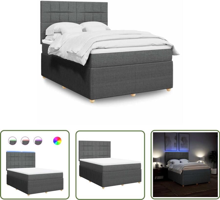 VidaXL Boxspring met matras stof donkergrijs 160x200 cm Boxspring Slaapcomfort Led Verlichting Hoofdbord Matras