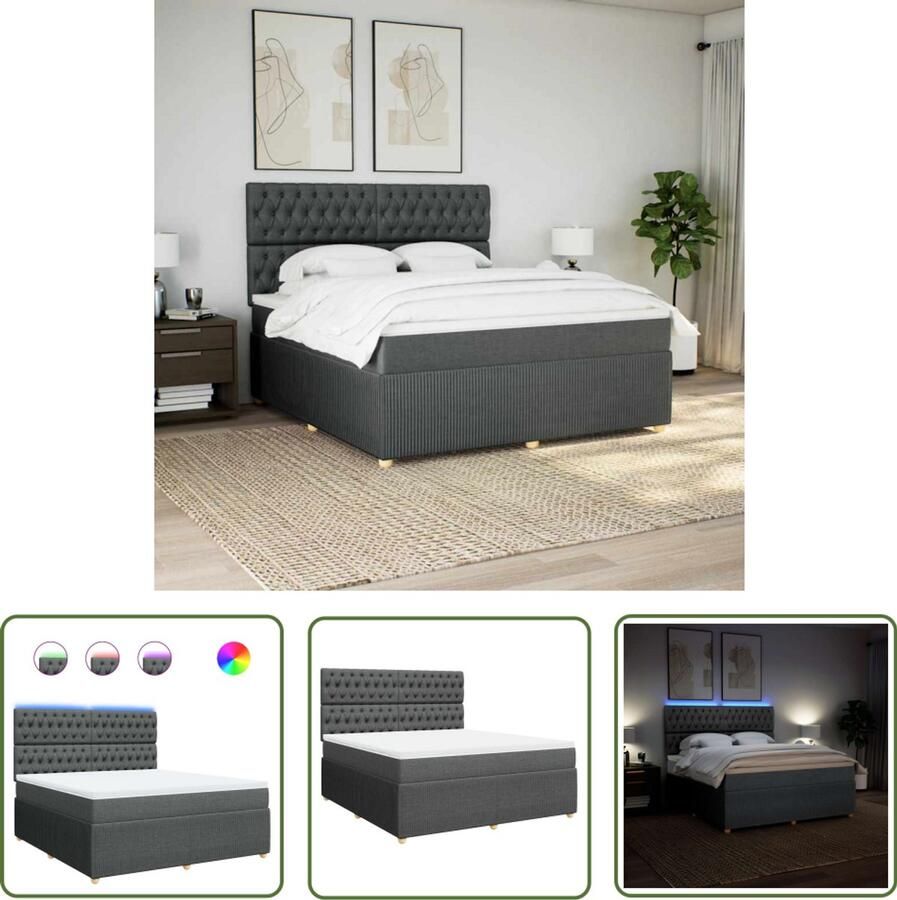 VidaXL Boxspring met matras stof donkergrijs 180x200 cm Boxspring Slaapcomfort Boxspringbed Matras Led Verlichting