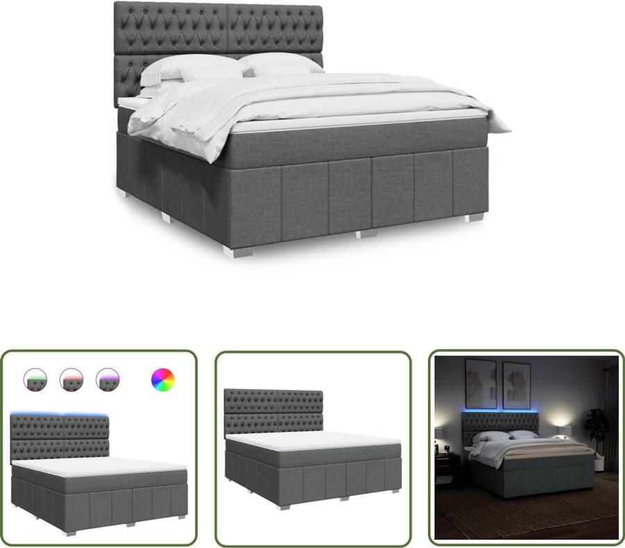 VidaXL Boxspring met matras stof donkergrijs 180x200 cm Boxspring Slaapcomfort Matras Led Verlichting Hoofdbord