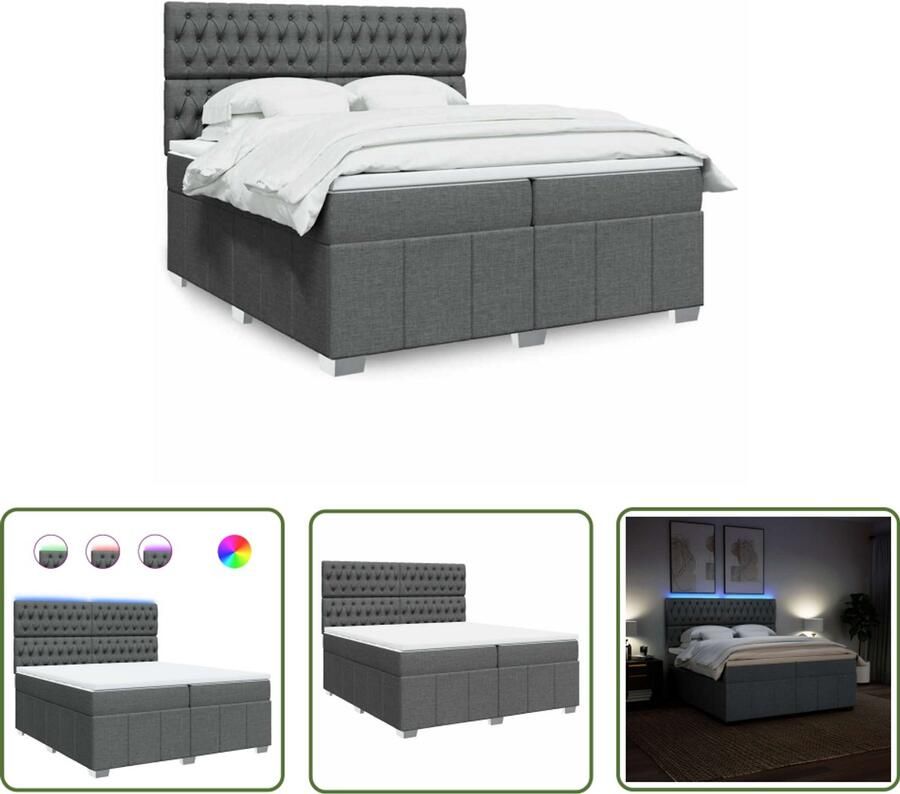 VidaXL Boxspring met matras stof donkergrijs 200x200 cm Boxspring Slaapcomfort Matras Led Verlichting Hoofdbord