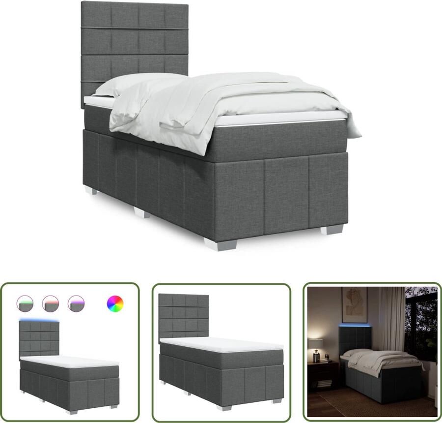 VidaXL Boxspring met matras stof donkergrijs 80x200 cm Boxspring Slaapcomfort Pocketveringmatras Led Verlichting Hoofdbord
