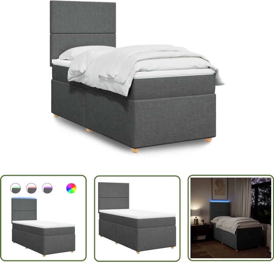 VidaXL Boxspring met matras stof donkergrijs 90x190 cm Boxspring Slaapcomfort Mattress Led Verlichting Hoofdbord
