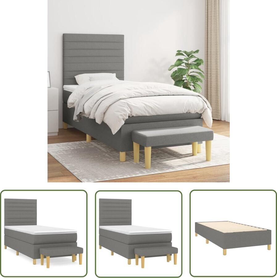 The Living Store Bedframe Duurzaam en Comfortabel 203x90x118 128 cm Donkergrijs Boxspring Slaapcomfort Donker Grijs Bed Stof Bed Pocketveer Matras
