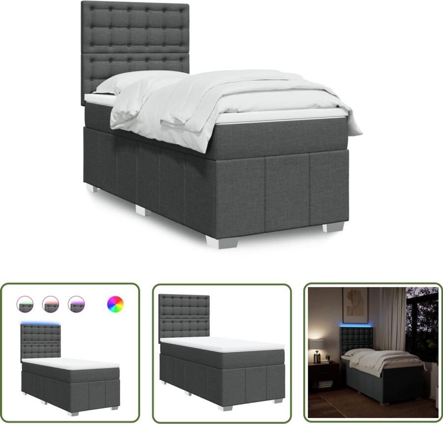 VidaXL Boxspring met matras stof donkergrijs 90x200 cm Boxspring Slaapcomfort Pocketveringmatras Led Verlichting Hoofdbord