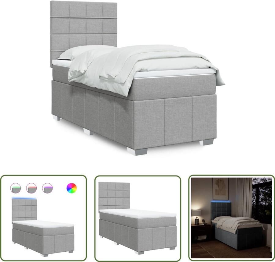 VidaXL Boxspring met matras stof lichtgrijs 100x200 cm Boxspring Slaapcomfort Led Verlichting Hoofdbord Matras